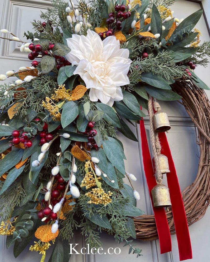 Gold & Red Winter Wreath with Bells (Ready to Ship)