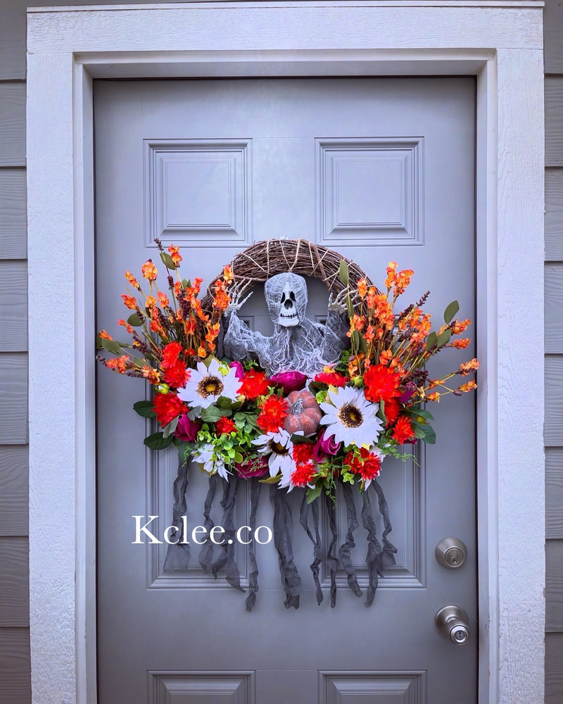 SALE! Bright Fall Wreath with removable skeleton (Ready to Ship)