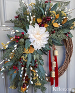 Gold & Red Winter Wreath with Bells (Ready to Ship)