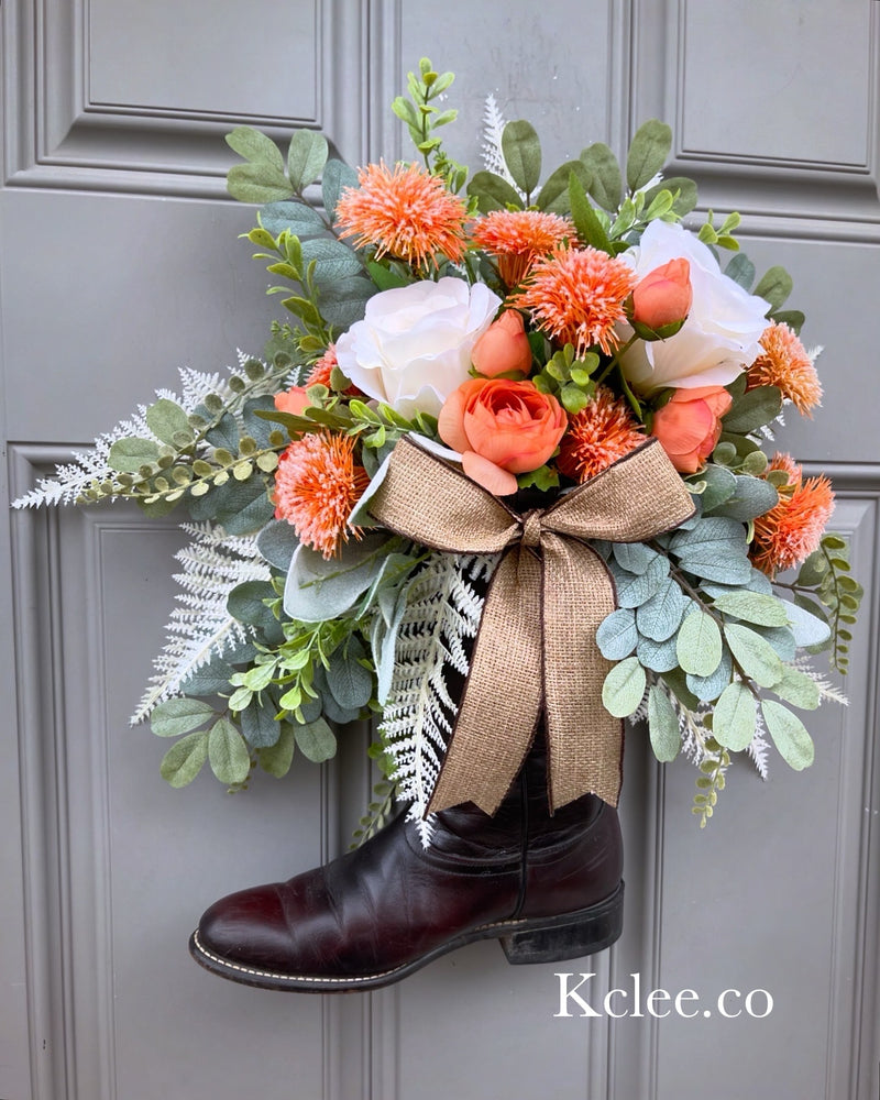 Thistle Rose Boot Wreath Arrangement (Ready to ship)