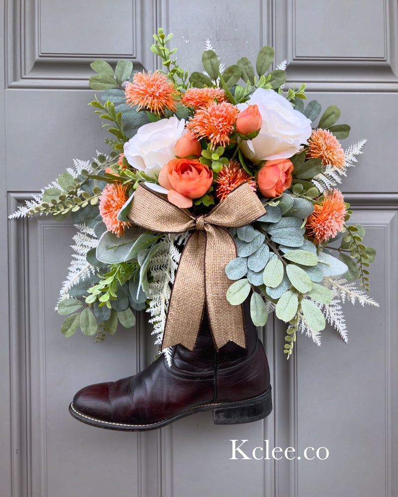 Thistle Rose Boot Wreath Arrangement (Ready to ship)