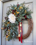 Gold & Red Winter Wreath with Bells (Ready to Ship)