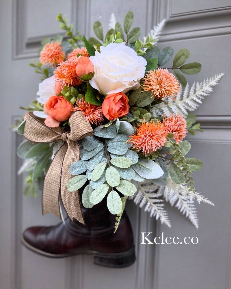 Thistle Rose Boot Wreath Arrangement (Ready to ship)